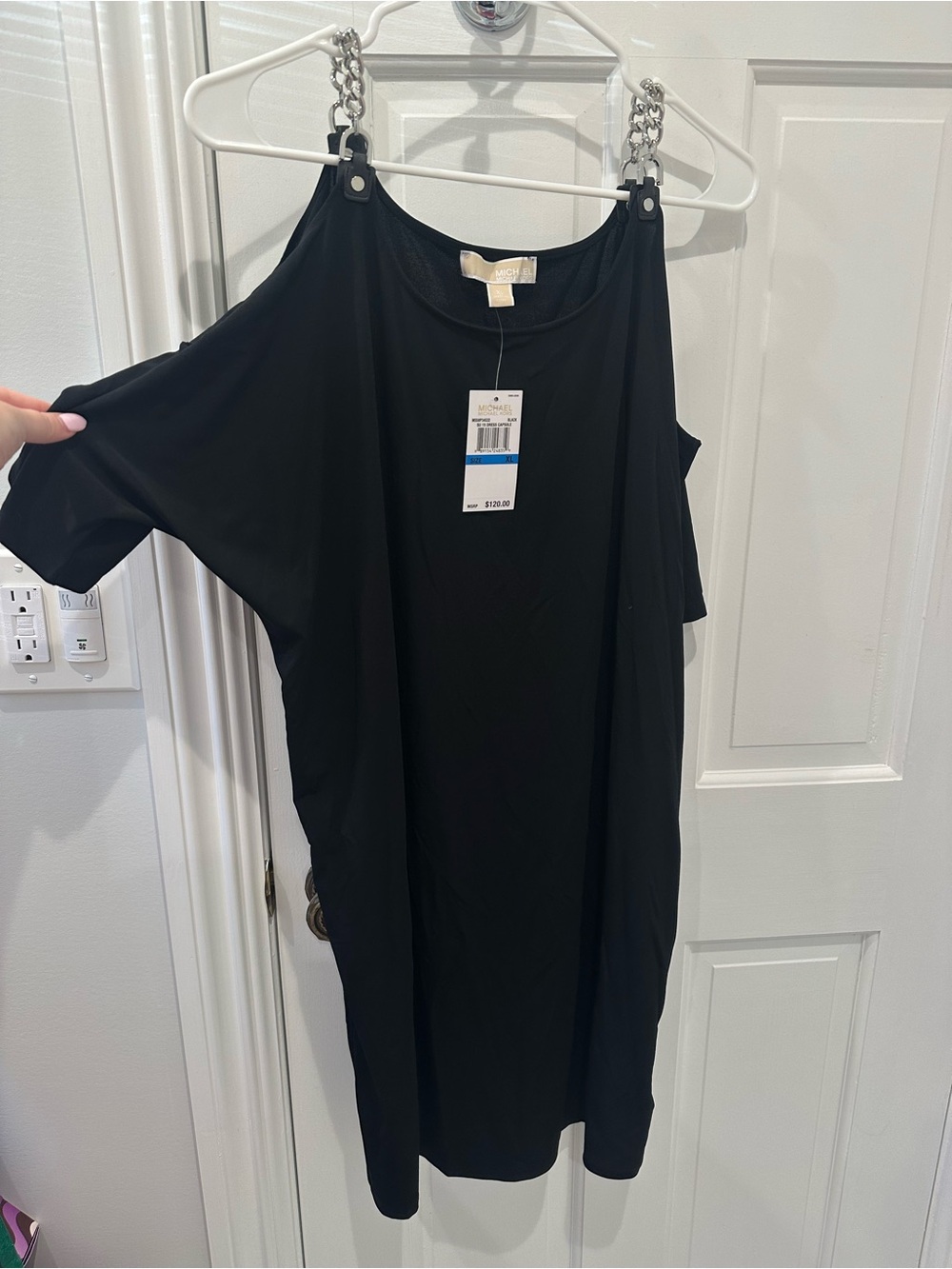 Michael Kors Black Asymmetrical Cold-Shoulder Dress with Chain Straps